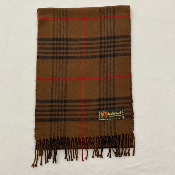 Lambswool 100% Wool Scarf Brown Plaid Long Fringe Made in Italy Classic Preppy - Picture 2 of 9